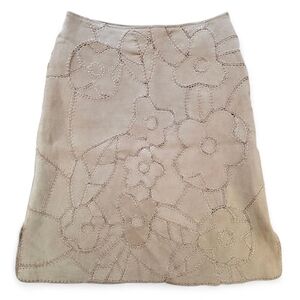 SuedeEssence 100% Leather Tan Floral Stitched Patchwork Skirt - Size 10